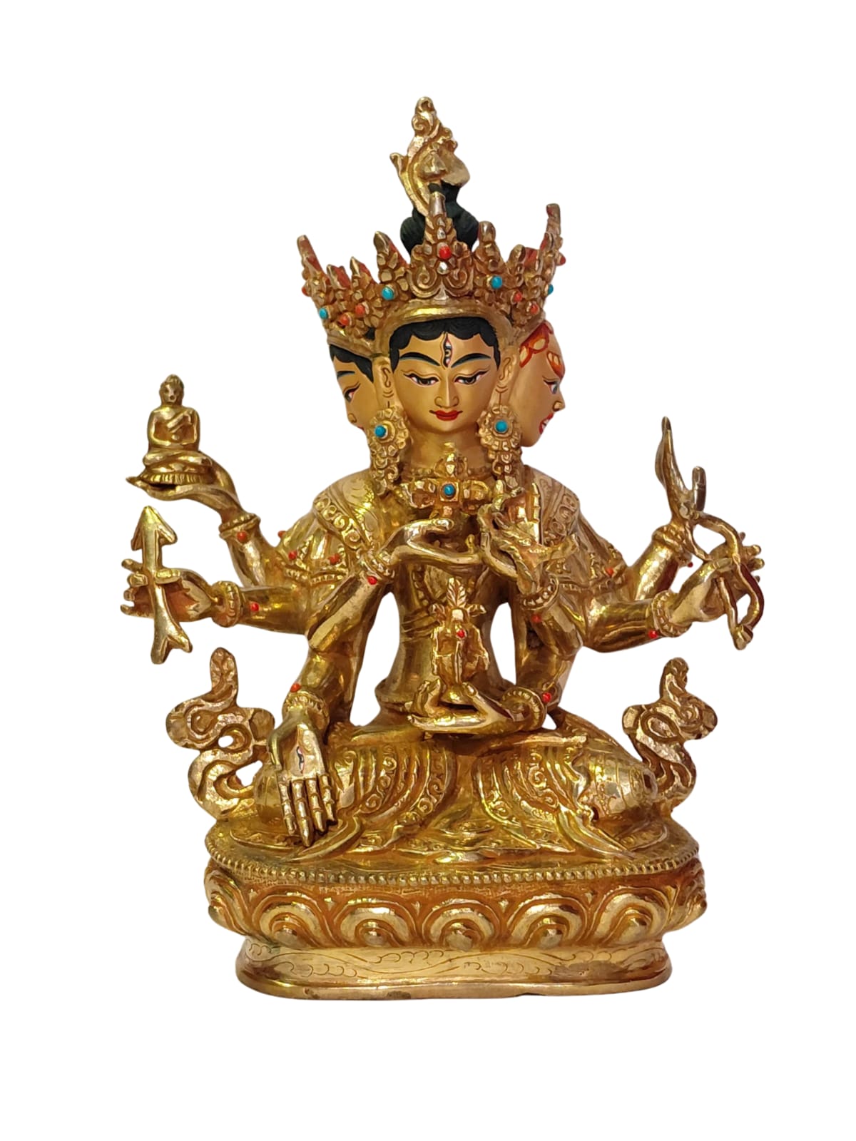 Gilded Ushnisha Vijaya statue with three faces and eight arms